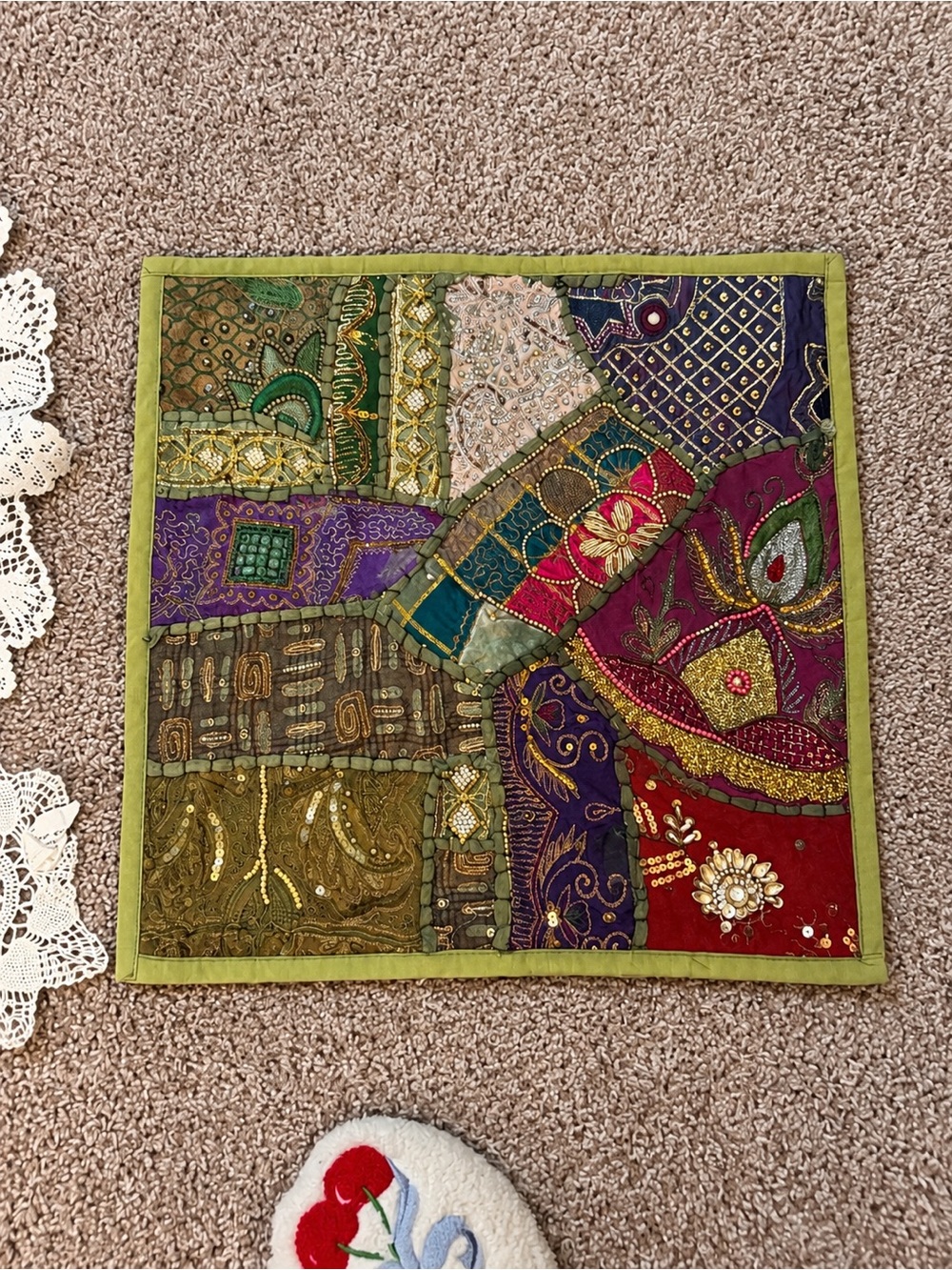 Handcrafted Multicolor Patchwork Tapestry with Gold Embellishment